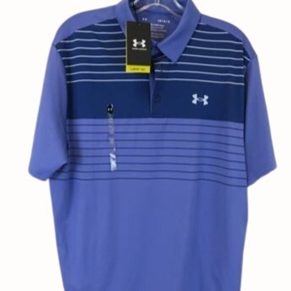 Under Armour Playoff Polo Shirt Large Blue Striped Short Sleeve Loose Fit NEW